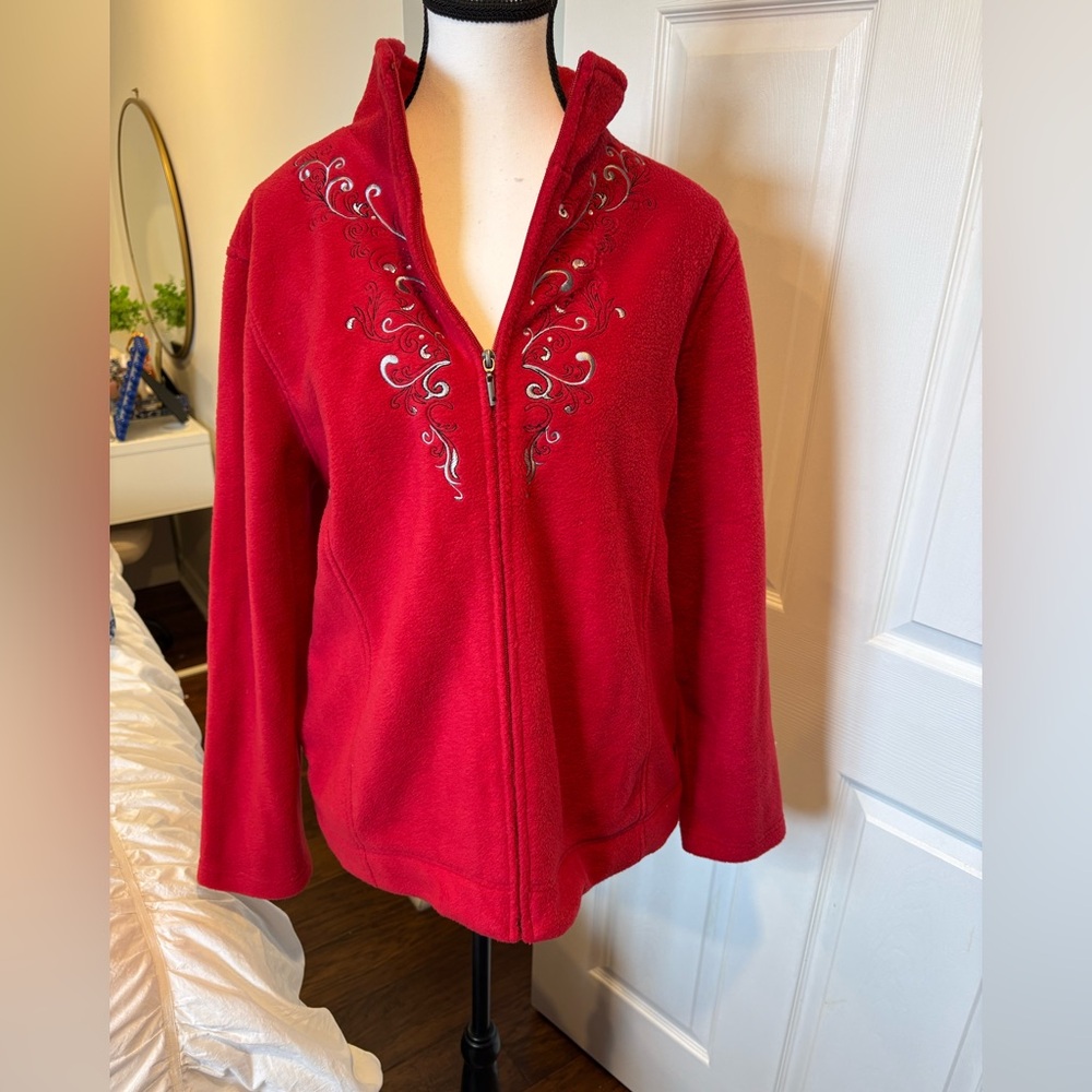 Northern Reflections Embroidered Fleece Jacket Red Zip Up Large